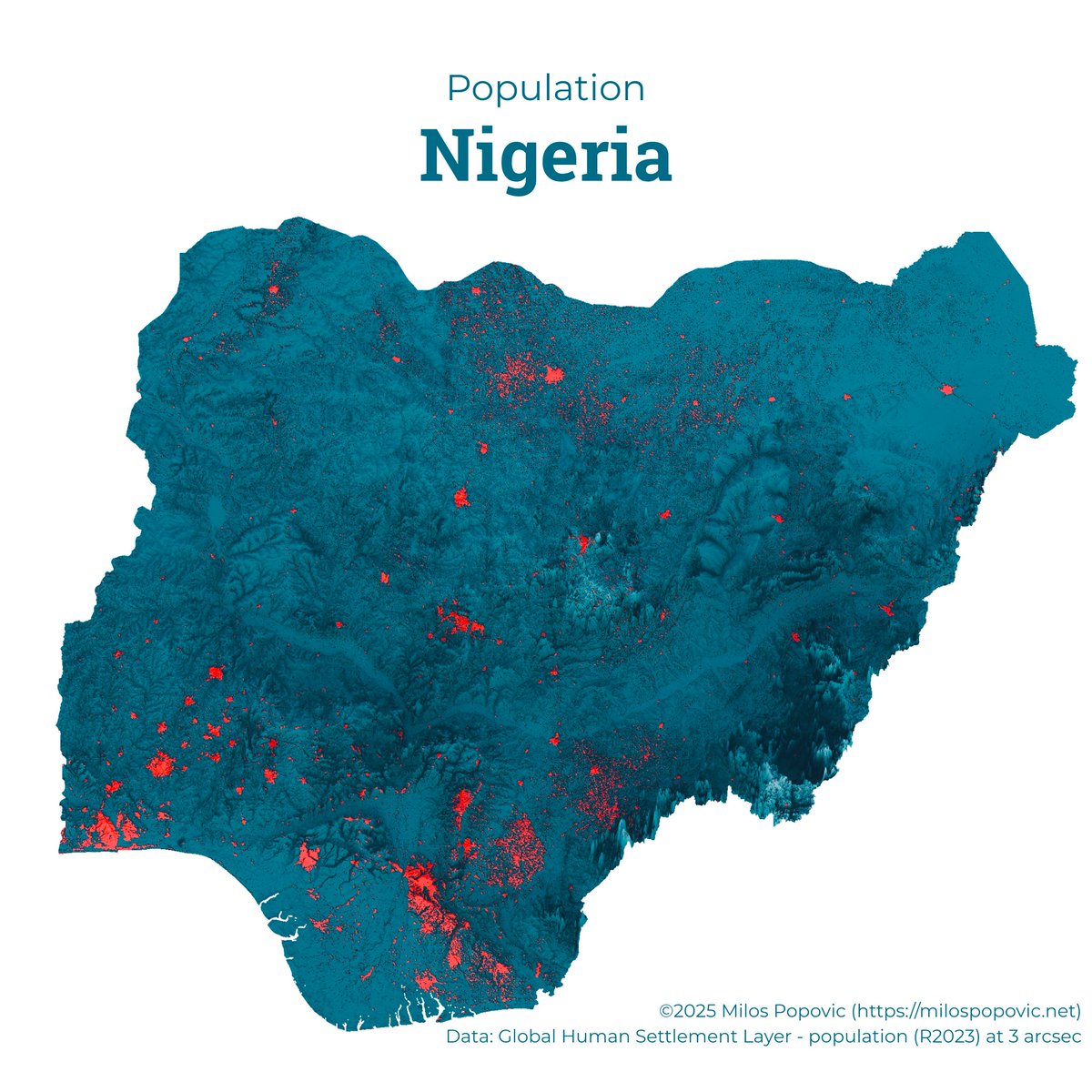 milos_gis's tweet image. My new map visualizes where people live across Nigeria, from Lagos to Kano, from the river plains to the northern highlands.

Save it, share it, and tell me: which country’s population should I map next?

#cartography #gis #rstats #population #dataviz #geography #ghsl #terrain