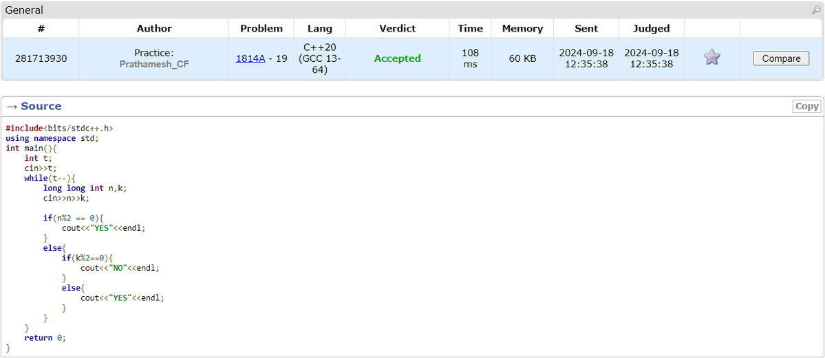 PrathameshJan20's tweet image. 22. Coins
Rating : 800
Check parity: Even n → YES, Odd n → depends on k’s parity
Link:
codeforces.com/problemset/pro…
#Codeforces #DSA #LearnInPublic #CodingJourney #LeetCode #100DaysOfCode