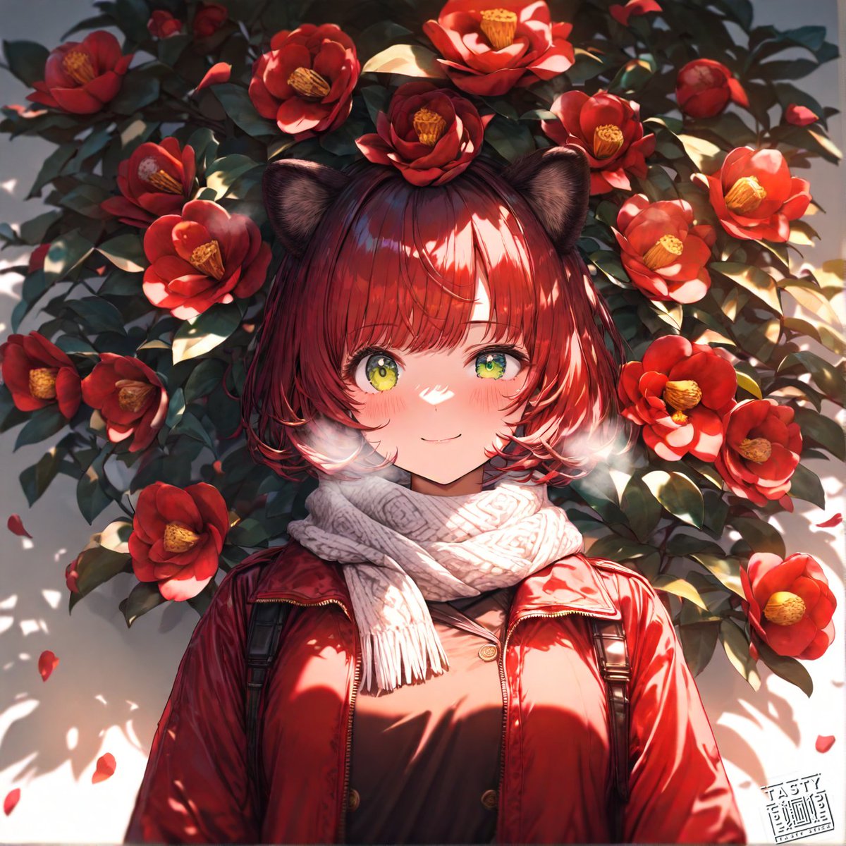 ⏰おはようございます。
11/1サザンカ（山茶花）
「寒さの中にも咲く強さ。今日も笑顔を咲かせよう🌺」
赤いコートと白いマフラー、冬の街角

11月が始まりました～今年もあと２ヶ月。
今日も一日、良い日でお過ごしください。
#AI今日の花 #AI今日のコーデ