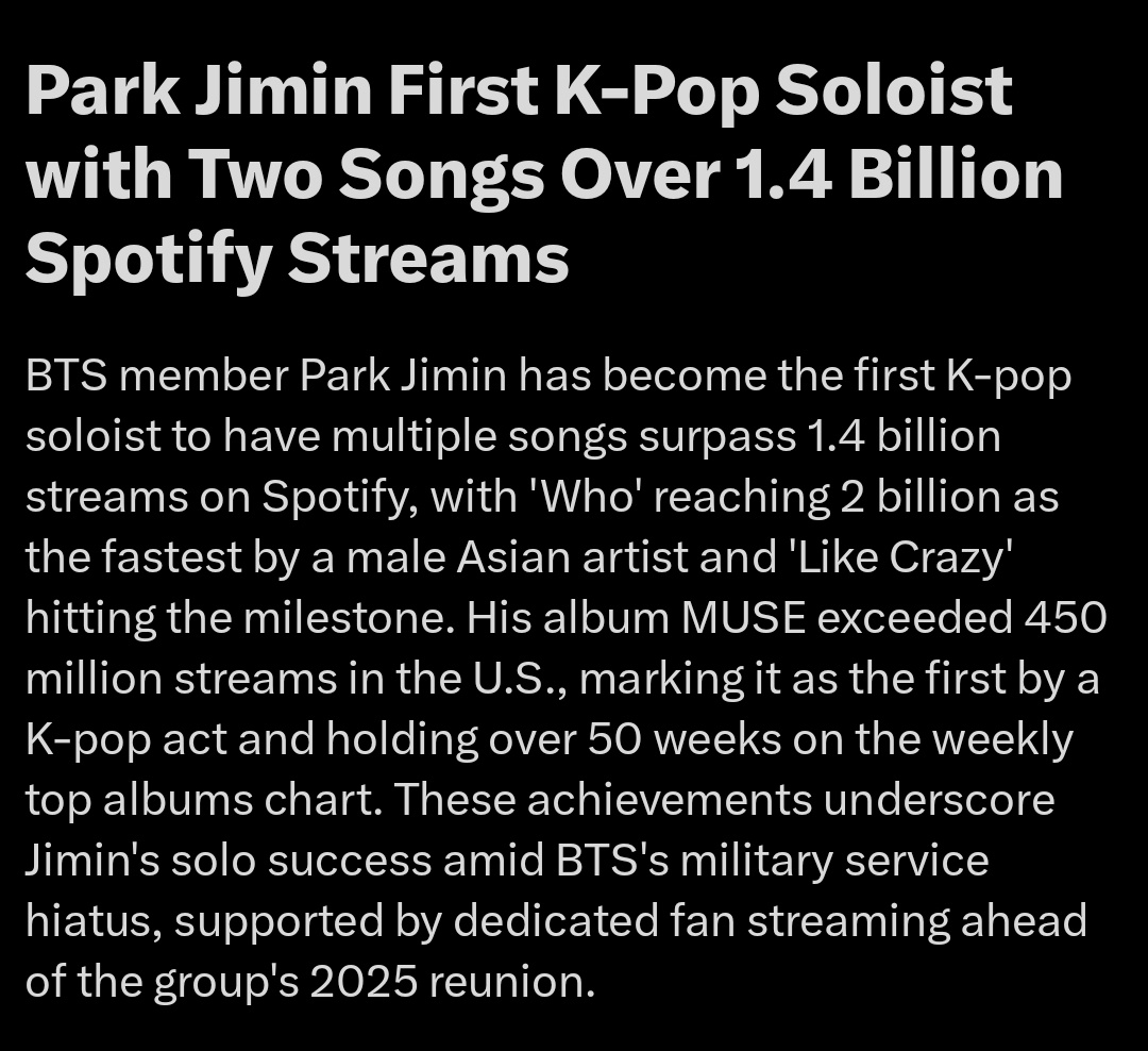 Jimin Global (@jiminglobal) on Twitter photo Park Jimin is still trending following his historic feats on Spotify:
โข first and only K-pop soloist and second K-pop act overall to have multiple songs with 1.4 billion streams on Spotify ("Who" and "Like Crazy")
โข first and only Asian soloist and fastest Asian act to hit 2 Park Jimin is still trending following his historic feats on Spotify:
โข first and only K-pop soloist and second K-pop act overall to have multiple songs with 1.4 billion streams on Spotify ("Who" and "Like Crazy")
โข first and only Asian soloist and fastest Asian act to hit 2