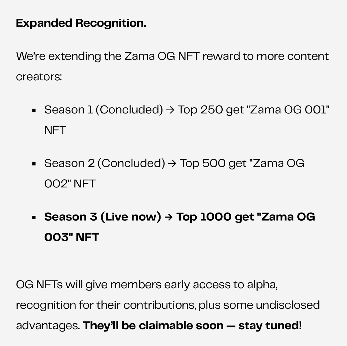 Zama OG NFT just created hype around the project. Top 1k content creator gets OG NFT.

what is the nft for?
OG NFTs will give members early access to alpha, recognition for their contributions, plus some undisclosed advantages. They’ll be claimable soon — stay tuned!