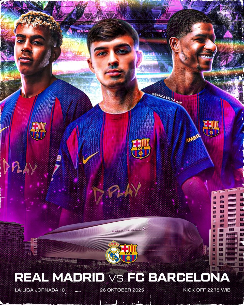 barcastuff_idn's tweet image. MATCH DAY!

🚩 La Liga Jornada 10
⚽ Real Madrid vs Barcelona
📅 Minggu, 26 Oktober 2025
🕥 Pkl. 22:15 WIB
🏟 Santiago Bernabeu
📺 Live BeIN Sport 3 / Vidio

#ViscaBarca