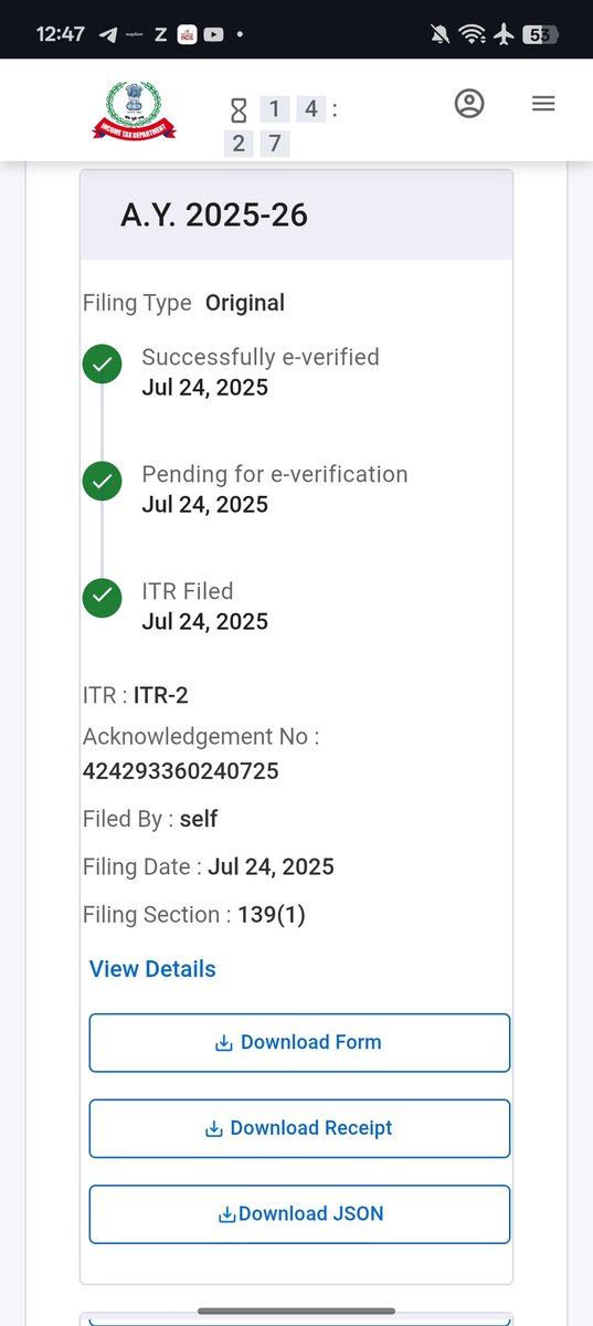 Mahee432's tweet photo. @IncomeTaxIndia @nsitharaman @PMOIndia @nsitharamanoffc @MSJEGOI
The filing was done on the 24th July 25 and yet still it is not processed.
What is use being filed return early?
Please look into the issue ASAP
Ack No - 424293360240725.
Grievance raised 23227805 -Auto Closed. https://t.co/9L0eRfYz9d