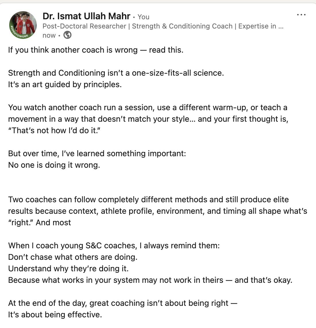 mahrismat's tweet image. If you think another coach is wrong (read this)
Strength and Conditioning isn’t a one-size-fits-all science.
It’s an art guided by principles.
#StrengthAndConditioning #Coaching #AthleteDevelopment #PerformanceTraining #SportsScience #HighPerformance