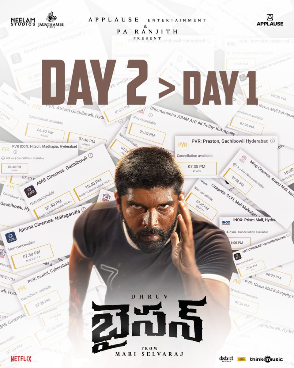TheCineGossips's tweet image. The audience’s love just keeps growing stronger with every show for #Bison ♥️🔥
#BisonTelugu takes over the box office on Day 2 with roaring momentum! 🦬💥
Book your tickets now for an intense cinematic storm like never before! #BlockbusterBison 🎟️
linktr.ee/tfbms