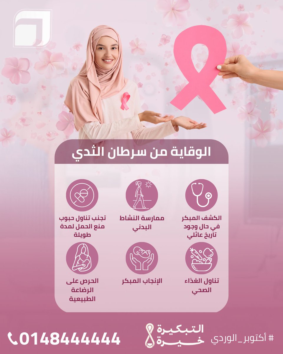 الوقاية دائمًا خير من العلاج، وهنا بعض النصائح المهمة للحد من خطر الإصابة بسرطان الثدي:
إجراء الفحوصات الطبية الدورية مثل الماموغرام  🩺
الحفاظ على وزن صحي  🏃‍♀️
اتباع نظام غذائي صحي 
الرضاعة الطبيعية 🤱
الوعي المبكر قد ينقذ حياتك! 🌸
#سرطان_الثدي #الفحص_المبكر