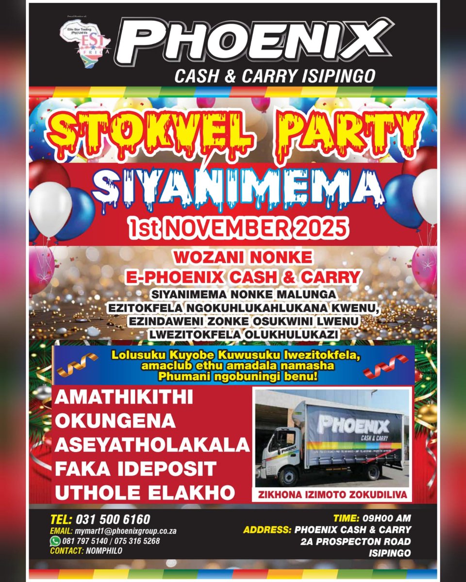 phxprospecton's tweet photo. 🇿🇦 Stokvel Party 🇿🇦
Siyanimema - 01 November 2025... Jabulu'Jule iStokfela
Get More Deals In-Store...
Join us on 01 November 2025...
Wozani Nonke e-Phoenix Cash & Carry....
#phoenixcashandcarryprospecton #phoenixcashandcarry #prospecton #isipingo #umlazi #merewent #merebank https://t.co/hCTVj8jLFV