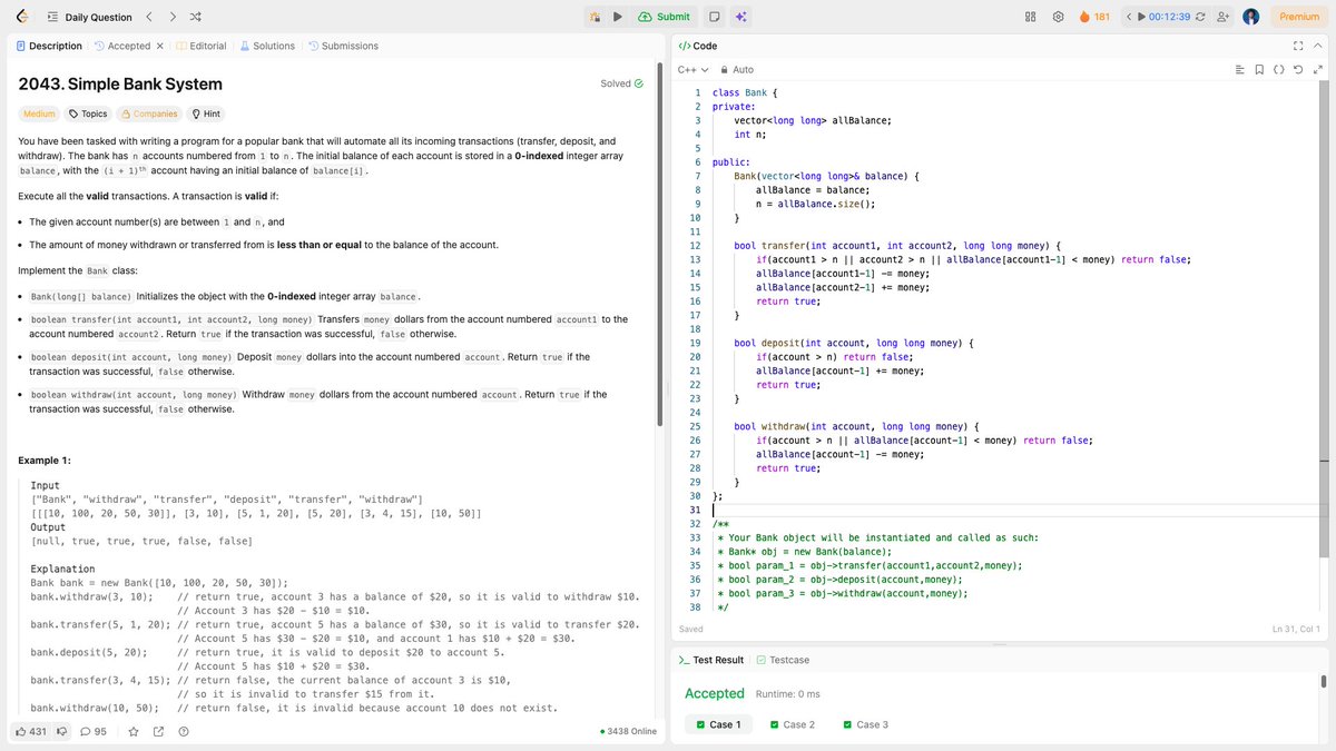 me_sajeeb's tweet image. 🏦 LeetCode Daily: Simple Bank System ✅
Clean OOP design! Validate inputs, manage balances, return false on errors. All operations O(1).
⚡ O(1) per operation 
🎯 Proper validation crucial 
💡 1-indexed requires account-1
#LeetCode #CPlusPlus #OOP #100DaysOfCode