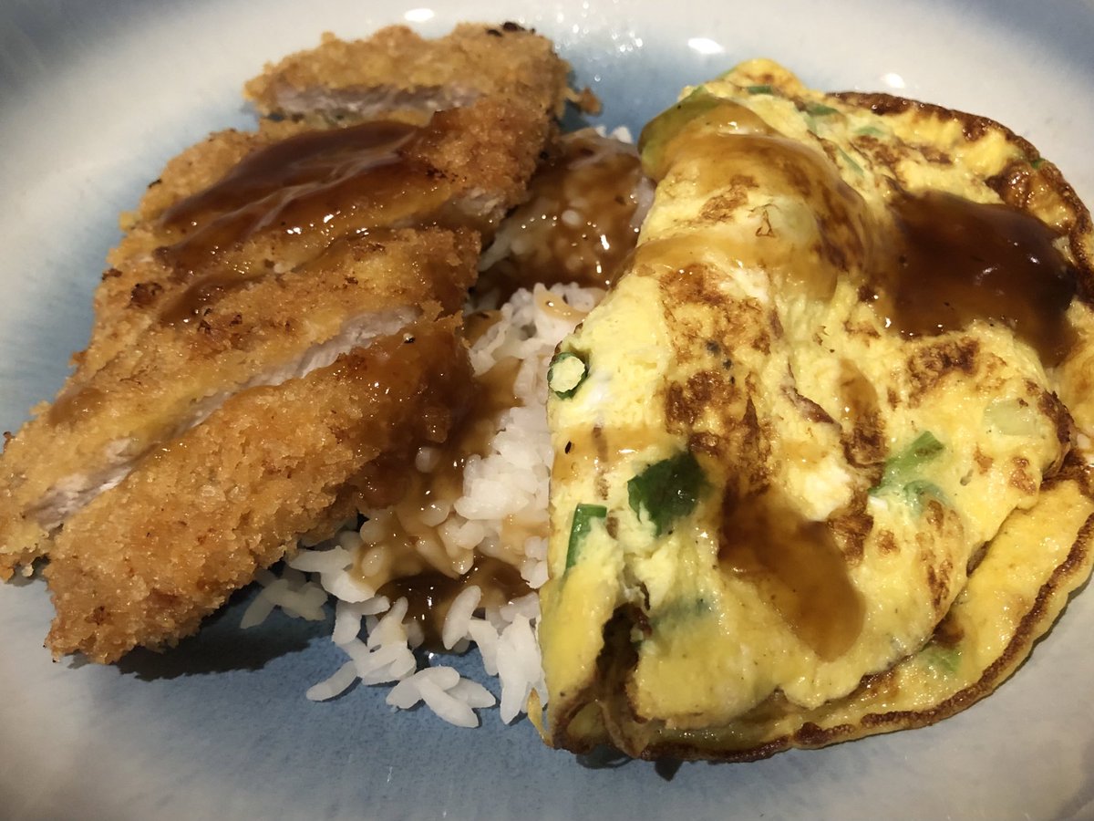 no_code_blue's tweet image. ❌Spot Test Kitchen: Tonkatsu  (とんかつ) with scallion omelette over rice, drizzled with dashi teriyaki gravy.