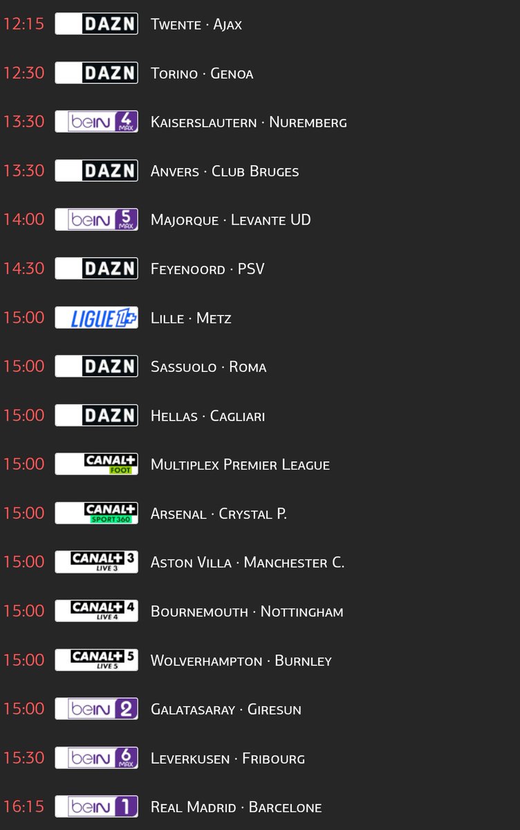 TrisInfoFoot's tweet photo. Le programme foot de ce Dimanche 26 octobre: #SerieA #TORGEN #2Bundesliga #ProLeague #LALIGAEASPORTS #Eredivisie #ligue1mcdonalds #LOSCFCM #SASASR #VERCAG #PremierLeague #ARSCPA #AVFCMCI #SuperLig #RMAFCB #SCOFCL #AJAHAC #SRFCOGCN #EVETOT #OLRCSA #LAZJUV #LigaPortugal https://t.co/Q3HMrK7jcf