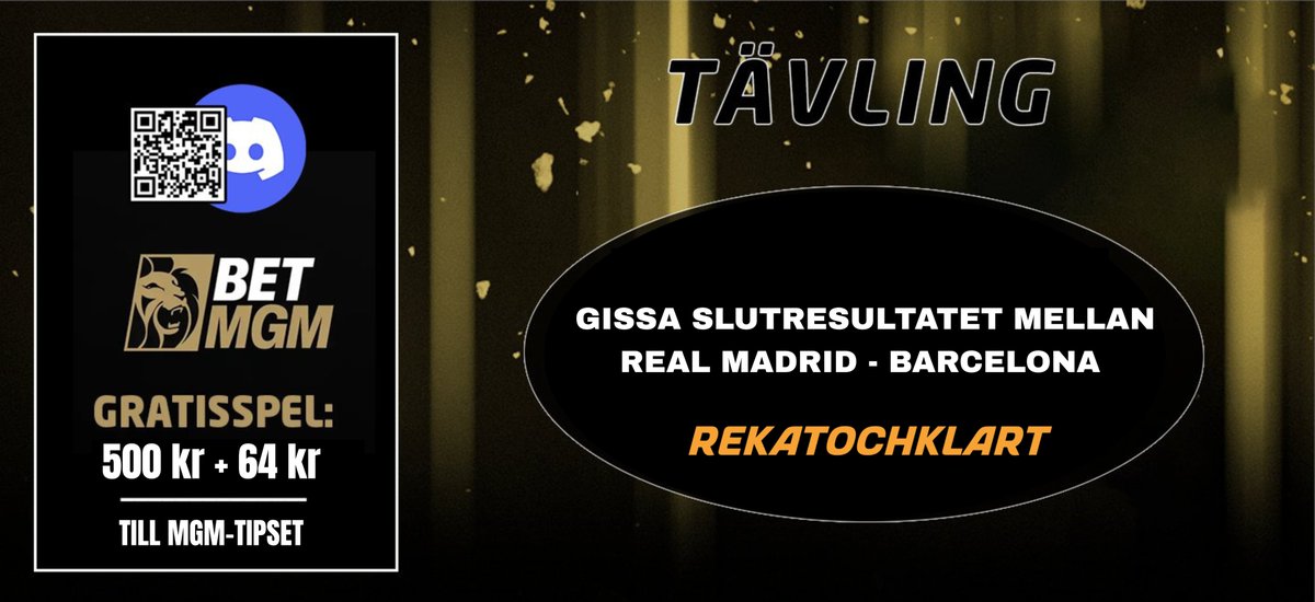 rekatochklart's tweet image. Tävling till El Clásico! 🇪🇸
En vinnare tar hem ett 500 kr superpresentkort, följ stegen för att delta:
- Följ @rekatochklart
- Gilla tweeten & gissa slutresultatet  
🎁 Erbjudande: bit.ly/4ijbbz5
Regler & villkor: bit.ly/3oUHEWJ
Vinnaren presenteras i…