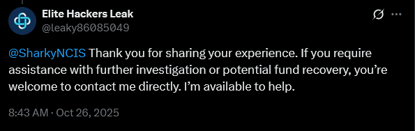 SharkyNCIS's tweet image. #ScamAlert 
Twitter (X): x.com/leaky86085049
Twitter ID: x.com/i/user/8645794…

Another fake hacker claims to help people getting their money back!
RECOVERY FUND IS A SCAM!!! 
@Safety @Support 
#RecoveryFundIsASCAM #FakeHackers