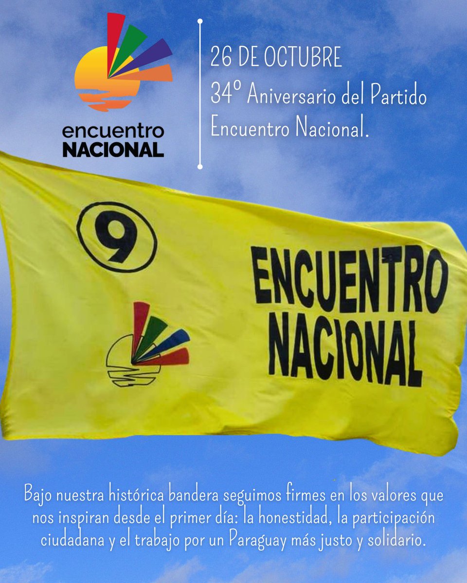💛34 Años del PEN 🇵🇾
Celebramos un nuevo aniversario de nuestro querido Partido Encuentro Nacional, 34 años de compromiso, participación y servicio al país. Sigamos construyendo unidad, dialogando y reafirmando valores que nos unen:  honestidad, transparencia y amor por el 🇵🇾.