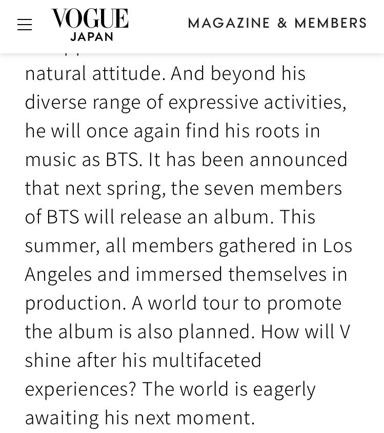 EL COMEBACK DE BTS SE LOS VIENE CON TODO.🔥💜

"Se ha anunciado que la próxima primavera los siete miembros de BTS lanzarán un álbum, este verano, todos se reunieron en Los Ángeles y se sumergieron en la producción, también está planeada una gira mundial para promocionarlo."