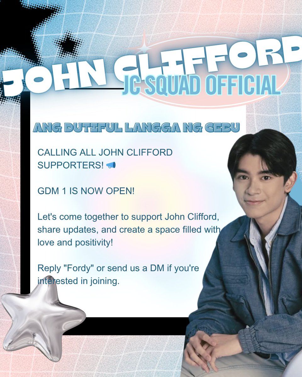 ofcteamclifford's tweet photo. Hello everyone! We're #JCSquad, the official fandom of #JohnClifford recognized by Clifford himself and Sparkle GMAAC.

GDM 1 IS NOW OPEN!

Reply "Fordy" or send us a DM if you're interested in joining. 

#PBBCollab2point0 #GMAPBBCollab 
#AngDutifulLanggaNgCebu https://t.co/R0Mr97xFMB