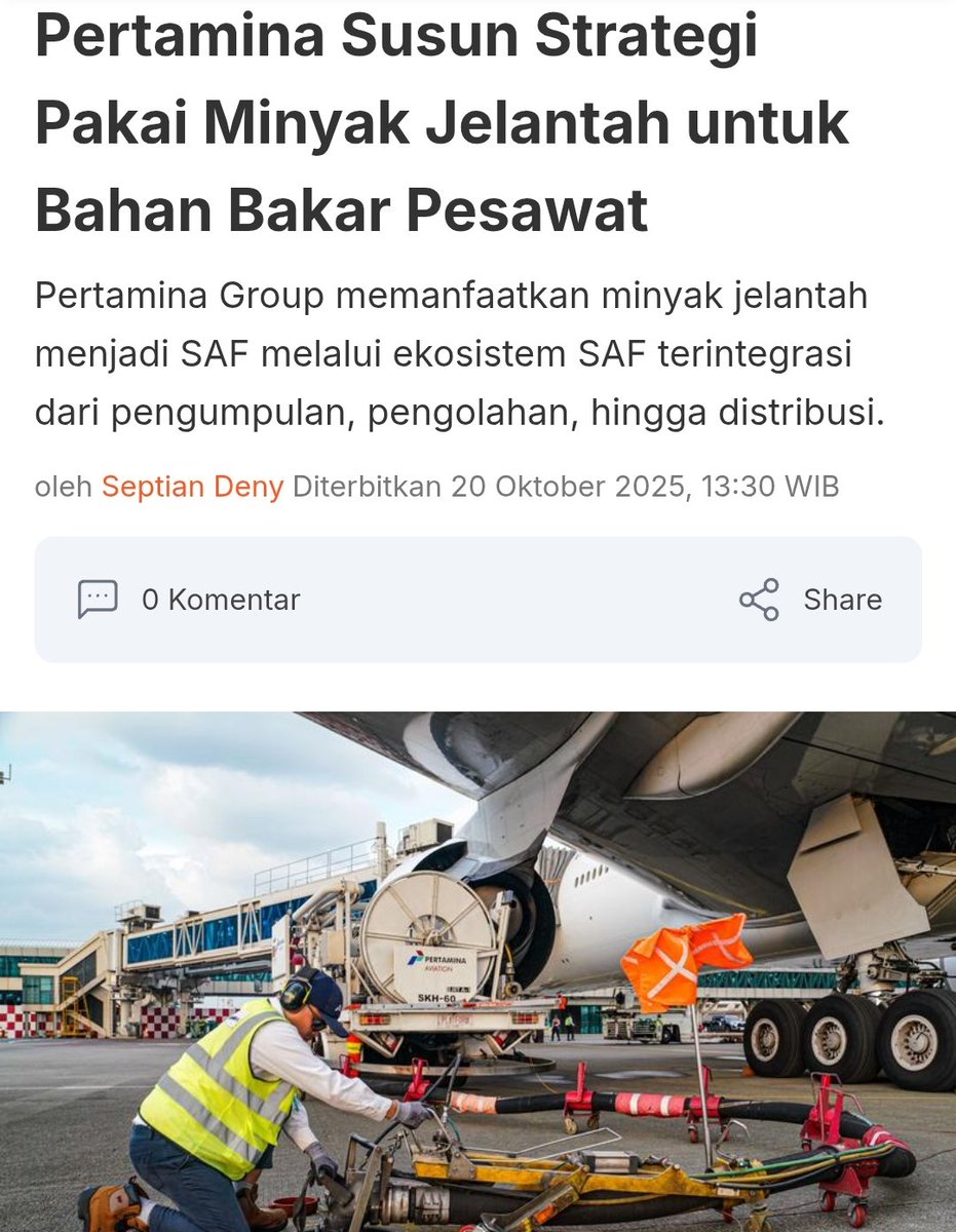 03__nakula's tweet photo. Pertamina Patra Niaga mendorong dekarbonisasi sektor penerbangan melalui pengembangan Sustainable Aviation Fuel (SAF). Pertamina Group sendiri telah memanfaatkan minyak jelantah menjadi SAF melalui ekosistem SAF terintegrasi dari pengumpulan, pengolahan, hingga distribusi. https://t.co/nuUwVvbr9M