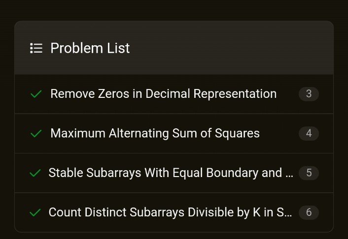 anshu_2211_'s tweet image. Woke up and attended today’s LeetCode Weekly 473 and solved all problems within 60 minutes ⏱️
Current rank: ~500 
Feeling great after doing all kill !
#LeetCode #Coding #CompetitiveProgramming #Developer #100DaysOfCode #DSA #code
