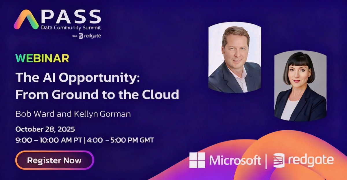 NaradaCode's tweet image. Join @redgate's Kellyn Gorman & @Microsoft's Bob Ward in an exclusive pre-conference webinar ahead of #PASSDataSummit!
Explore how SQL Server 2025, Azure SQL & Fabric power the future of data + AI.
📅 Oct 28 — Save your spot 👉 lnkd.in/eHgqPMPy