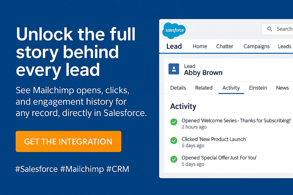 Unlock the full story behind every lead. See Mailchimp opens, clicks, and engagement history for any record, directly in Salesforce. Get the integration: cazoomi.com #Salesforce #Mailchimp #CRM