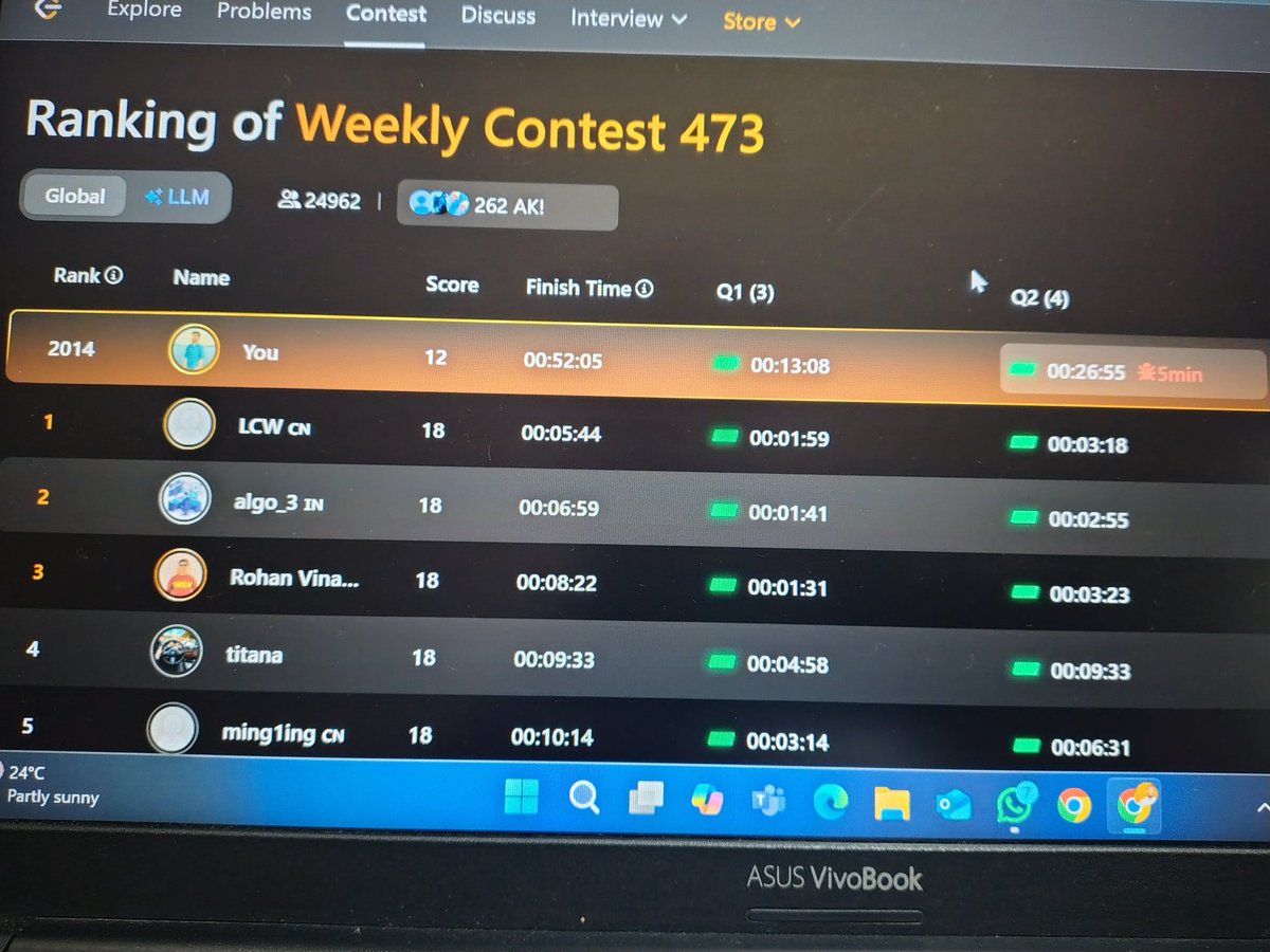 SaadJam0106's tweet image. Solved three questions today got this rank....☺️☺️☺️

#LeetCode 
#leetcodecontest