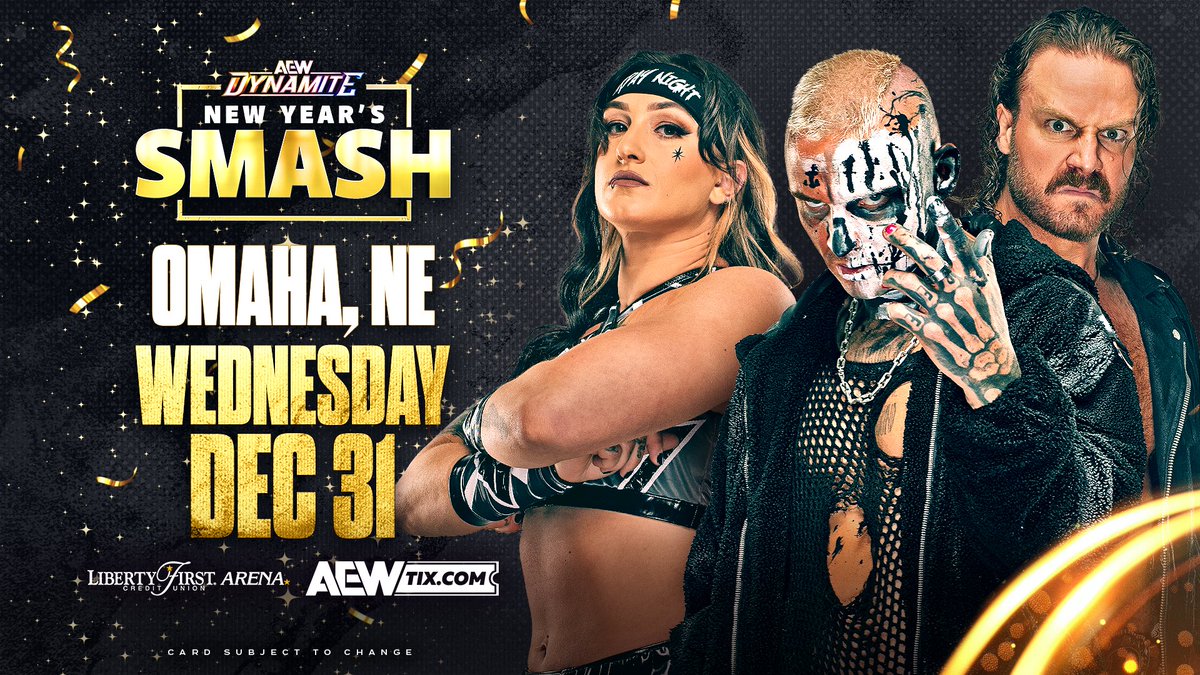 AEW's tweet image. 🎉 Ring in the New Year with AEW!

#AEWDynamite: New Year’s Smash takes over the Liberty First Credit Union Arena @RalstonArena in Omaha, NE on New Year's Eve, Wed, Dec 31!

Early Access Premium Seating starts tomorrow; tickets on sale 11/3.

Sign up to be an AEW Insider for…