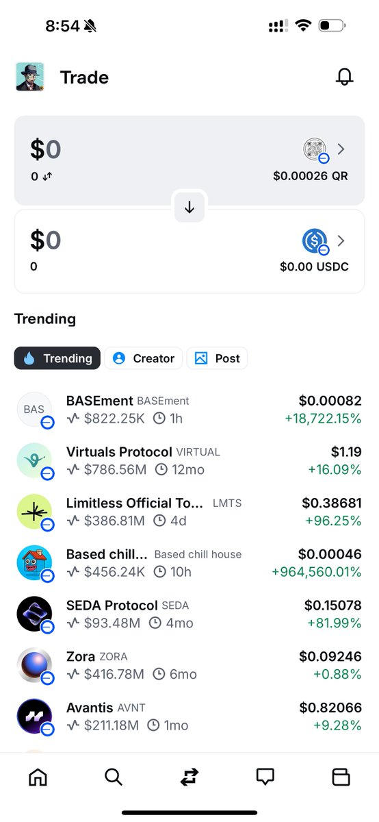 Base Appの取引画面のスクリーンショット：トレンドトークンとその時価総額を表示