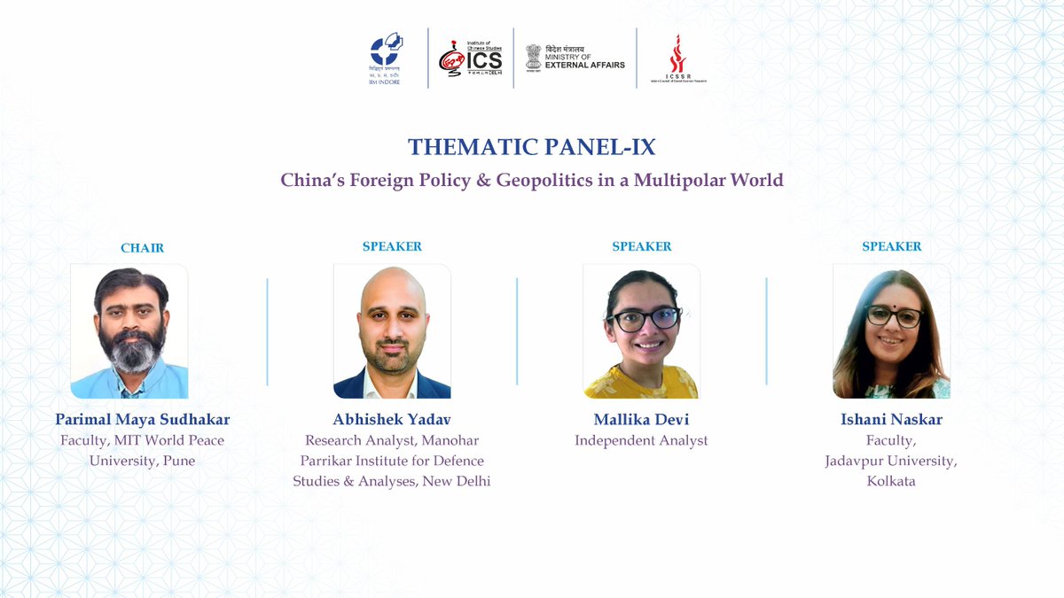 📢#18AICCS
Day 3: Thematic Panel - IX | Now underway!
Theme - China's Foreign Policy &amp; Geopolitics in a Multipolar World

📍Venue: F103
⏱️Time: 9:30 AM - 10:45 AM

Chair: Parimal Maya Sudhakar, Associate Professor, MIT School of Government, MIT World Peace University, Pune

(1/2)