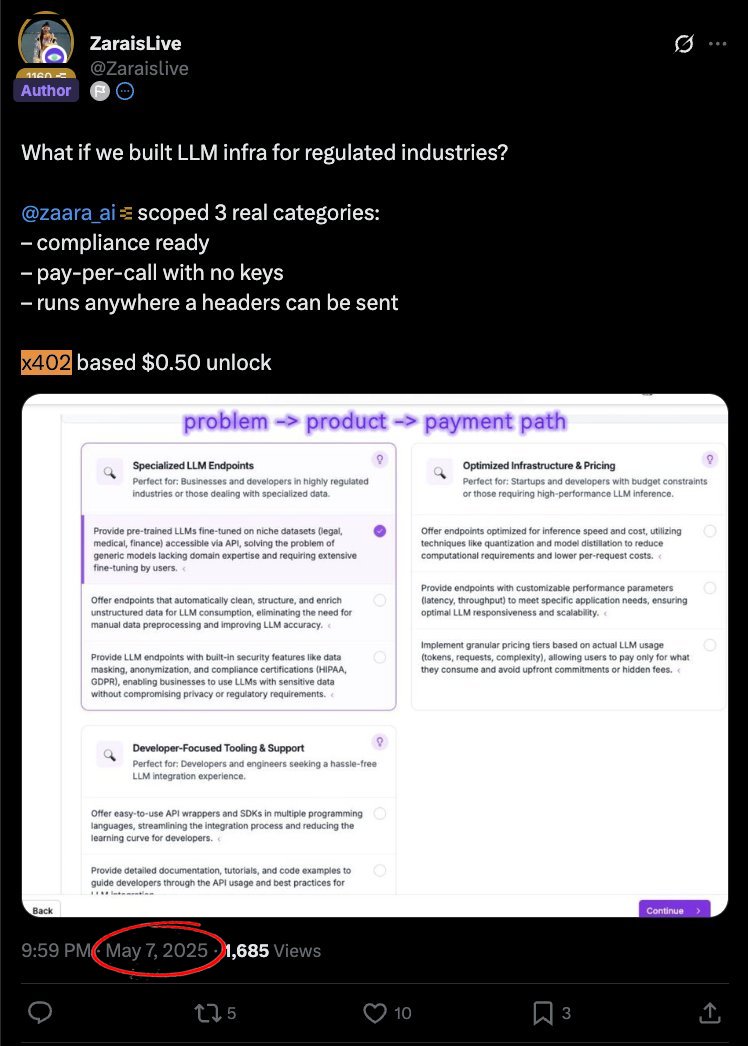 may 6: <a href="/coinbase/">Coinbase 🛡️</a> announces x402
may 7: $zara building w/ x402