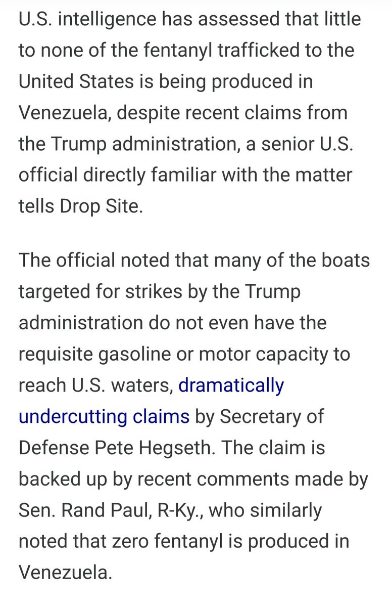 Trump's false claim that Venezuela is a major source of drugs is the new "WMD" lie he is using to justify a criminal war of aggression.

"U.S. intelligence has assessed that little to none of the fentanyl trafficked to the United States is being produced in Venezuela", a senior
