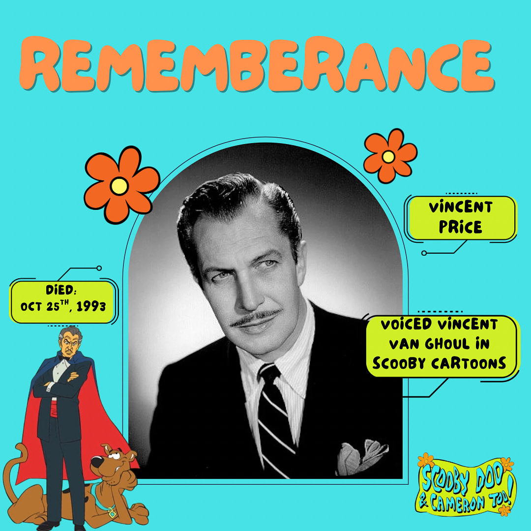 ScoobyandCam's tweet photo. Today we remember Vincent Price! He voiced Vincent Van Ghoul in “The 13 Ghosts of Scooby-Doo” TV Show! He passed away on October 25th, 1993 from lung cancer. We will always remember you Vincent🙏❤️
#ScoobyDoo #VincentPrice #VincentVanGhoul #VoiceActor #Actor #13GhostsofScoobyDoo https://t.co/DQRDnWdMiC