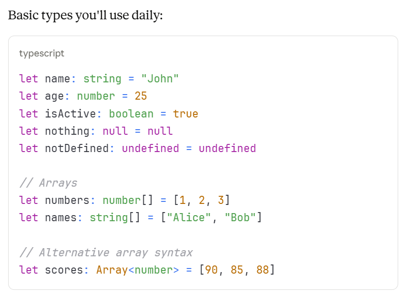 ShubhDJ191's tweet image. Setup and basic types
These cover 80% of your daily needs.
#TypeScript #Types #Setup #Programming #JavaScript #WebDevelopment #BasicTypes #TypeAnnotations #Fundamentals #LearnTypeScript