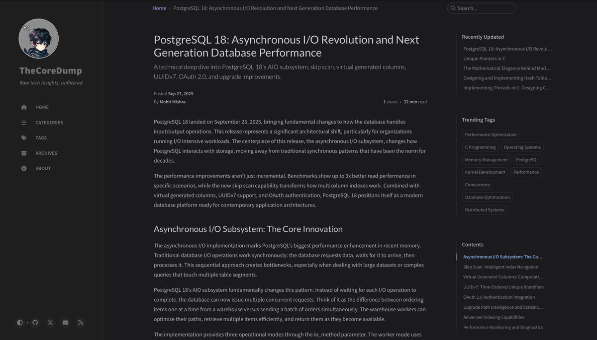 chessMan786's tweet image. PostgreSQL 18: Asynchronous I/O Revolution and Next Generation Database Performance
A technical deep dive into PostgreSQL 18's AIO subsystem, skip scan, virtual generated columns, UUIDv7, OAuth 2.0, and upgrade improvements.