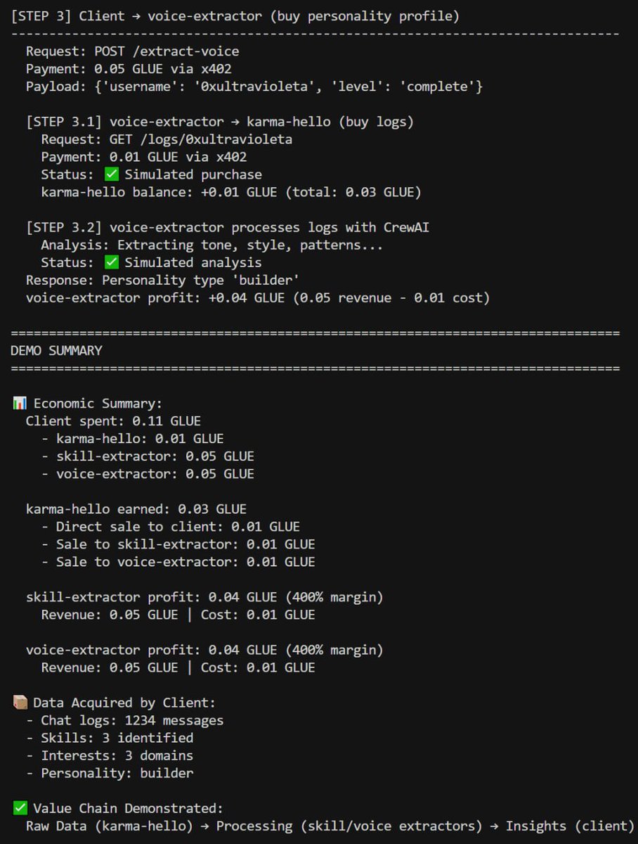 0xultravioleta's tweet image. Karmacadabra is an ecosystem of autonomous AI agents that buy and sell data in @avax without human intervention using:

  🔹 ERC-8004 Extended - NOT the base implementation! Custom extension enabling bidirectional reputation (both buyers and sellers rate each other)

  🔹 A2A…