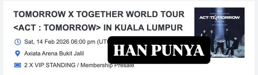 [HELP RT]

WTS

#TXTinKL 

-VIP L x2 (Row 11)
-RM1163 (each) inc ts fees
-accept 2x installments 
-NO Backout after payment
-redeem the tix together with me as it use my name

reason: have extra tix

DM for the proof