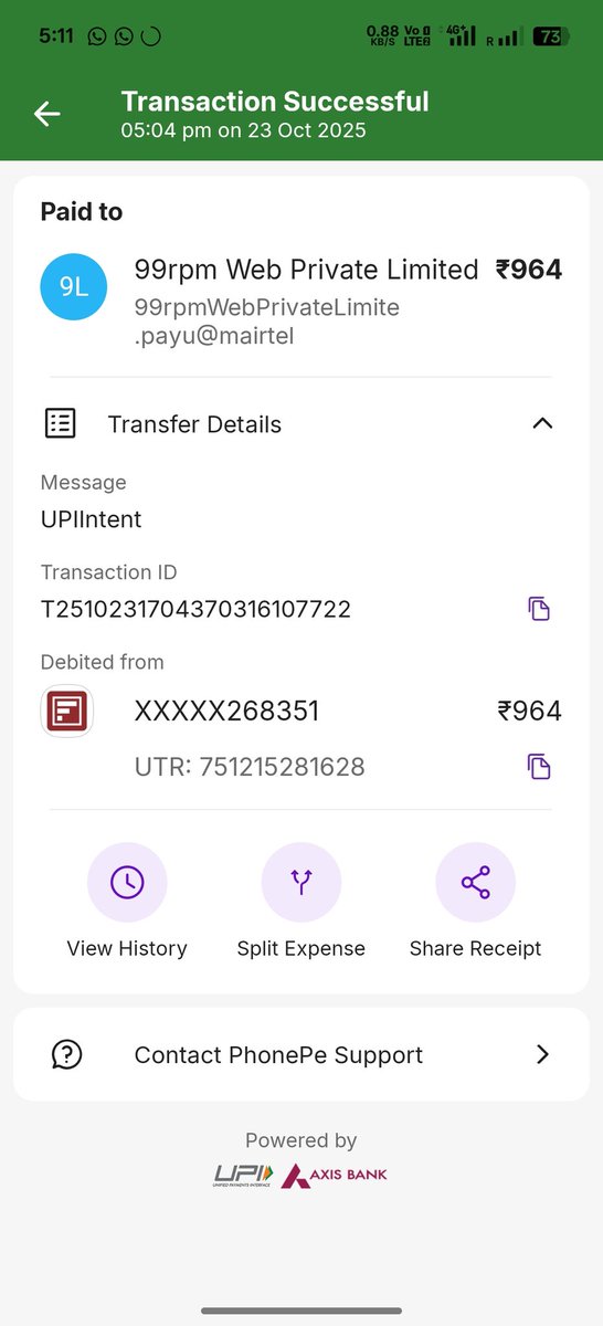 sudesh_dhir's tweet photo. @99rpmdotcom I did an order #700758566 on dt.23.10.25. Due to network issues the payment is done in UPI mode (Phonepe) 2 times 1st on 5:04 pm and 2nd on 5:06 pm within 2 min interval for the same above mentioned order successfully. So kindly check and return the duplicate payment https://t.co/fOeD14oOvh