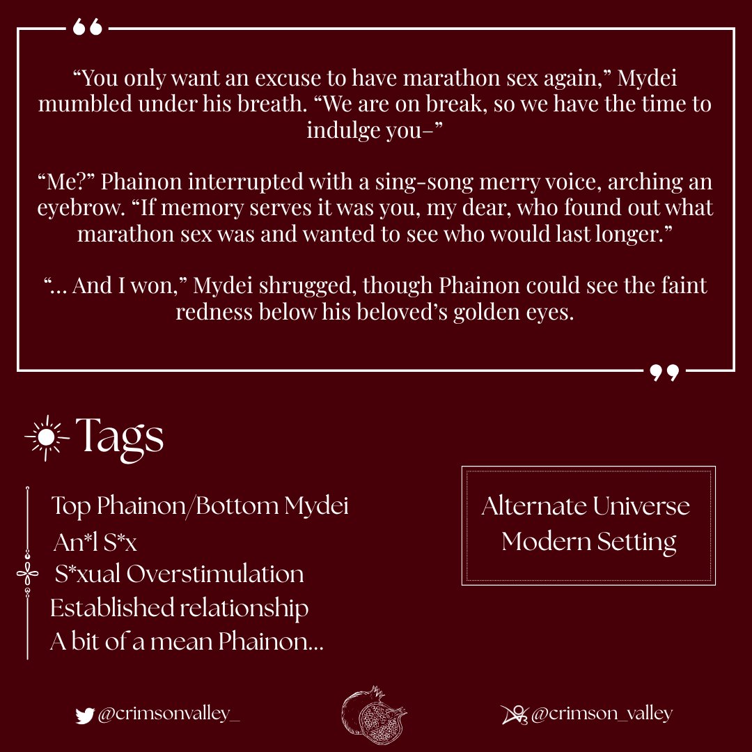 — ˗ˋ Fire and Light Bind Virtue and Vice ˊ˗ —
Day 2: Overstimulation.

⬩ Phainon/Mydei ⋆ #phaidei ☀️🍷
⬩ Rating E ; +3.9k words ; Modern.
⬩ Part 2 of 31.

#PhaiDeitober2025

๑ 🔗 below!