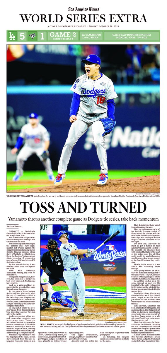 An early look at the <a href="/latimes/">Los Angeles Times</a> World Series Extra ...

🎨Design: <a href="/timhubbardLAT/">Tim Hubbard</a> 
📷Photos: <a href="/rgaut999/">Robert Gauthier</a> and <a href="/GinaFerazzi/">Gina Ferazzi</a> 
💻Headline: <a href="/curtiszupke/">Curtis Zupke</a> 
✍️🏽Words: <a href="/ByJackHarris/">Jack Harris</a> 

You can find more #Dodgers news, photos, videos and more at latimes.com/dodgers