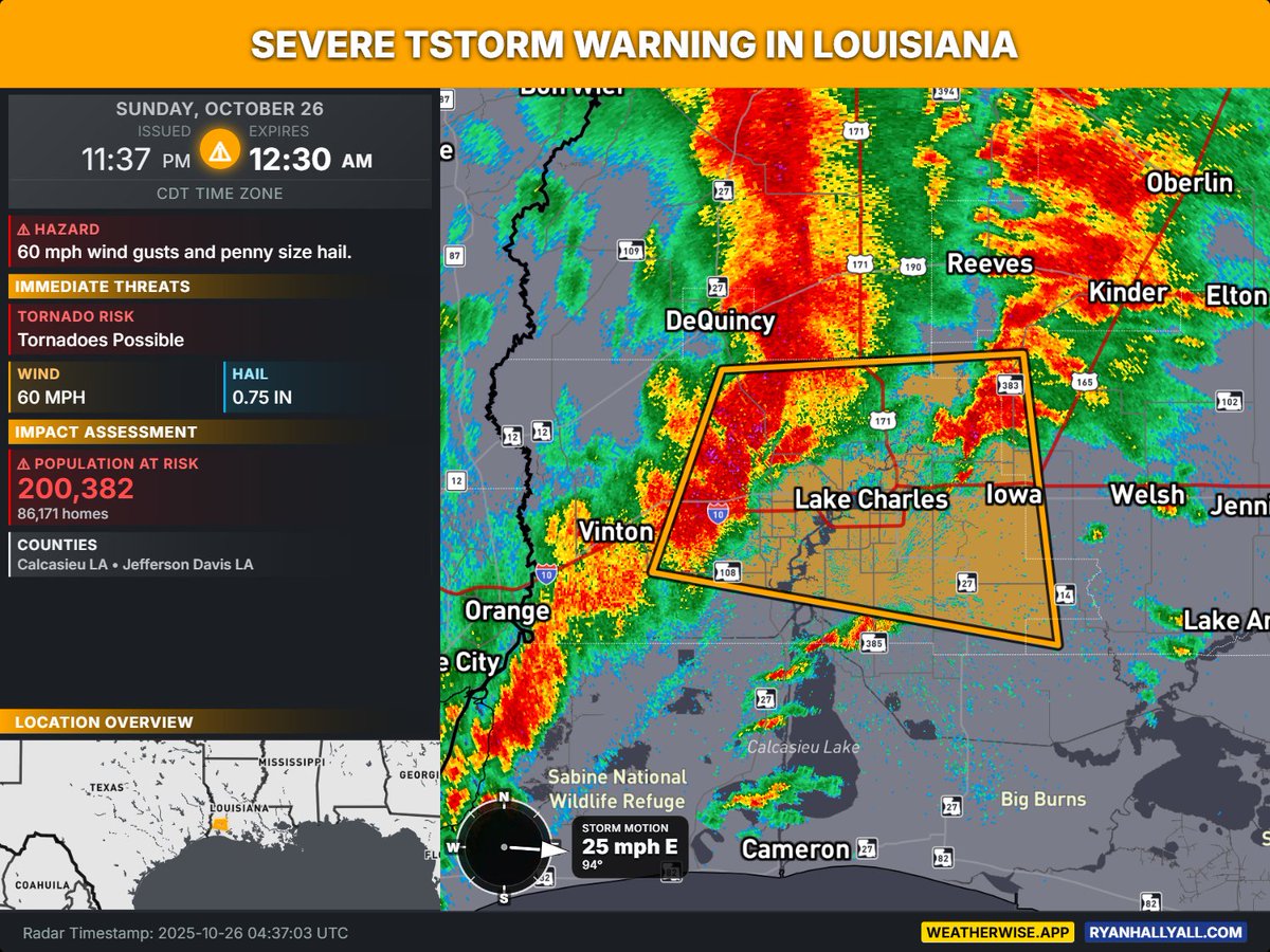 OfficialYallbot's tweet image. Severe Thunderstorm Warning for central Calcasieu and western Jefferson Davis Parishes in LA until 12:30 AM. We are tracking a strong storm moving through the area right now. Join our live coverage on X and YouTube for the latest on its path and potential impacts. #LAwx #SWLA