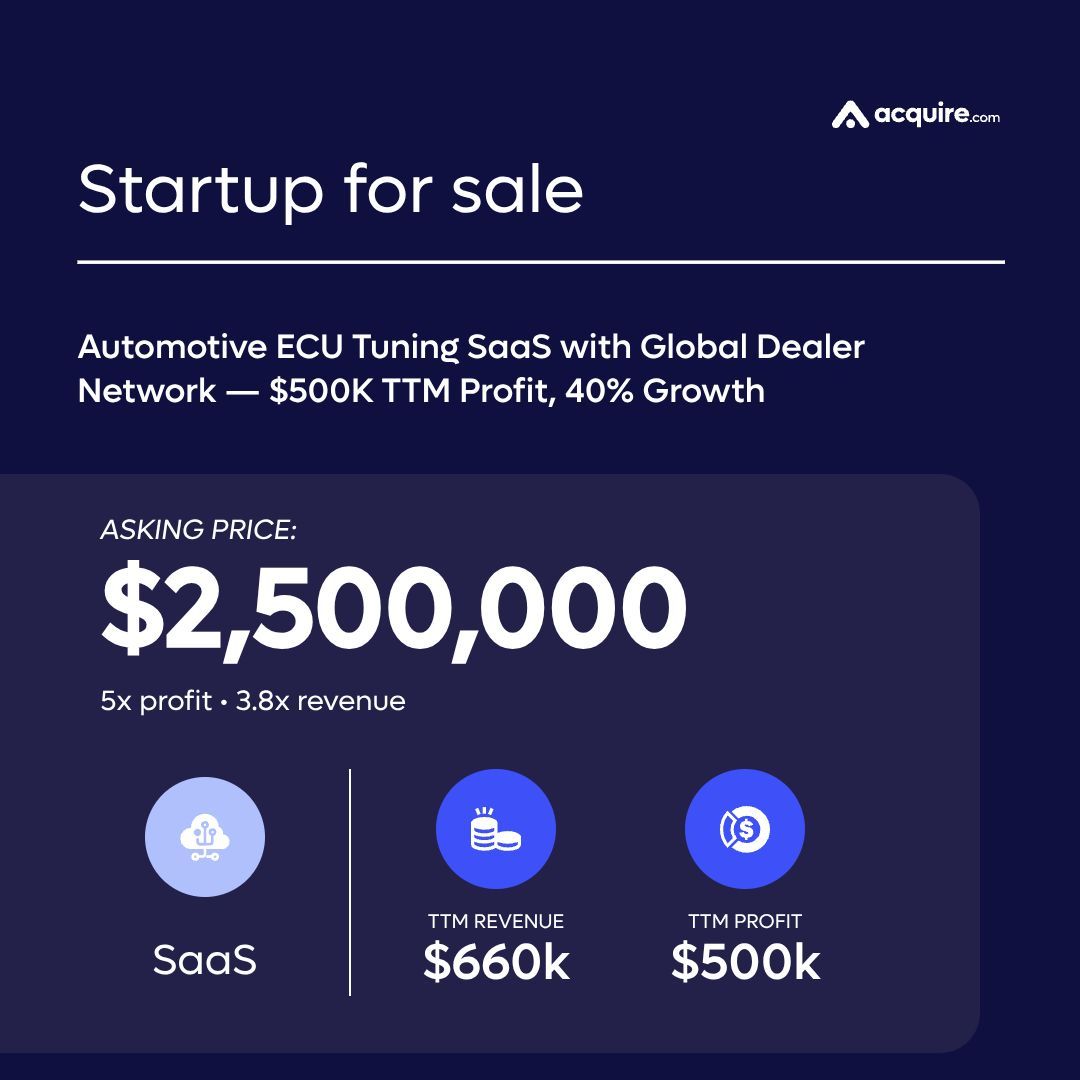 Formerly MicroAcquire (now acquire.com) (@microacquire) on Twitter photo π₯ New Startup Listed π₯ SaaS | Automotive ECU Tuning SaaS with Global Dealer Network β $500K TTM Profit, 40% Growth | $660k TTM revenue 
Asking Price: $2.5M
Contact the seller here: buff.ly/L9f0p1y π₯ New Startup Listed π₯ SaaS | Automotive ECU Tuning SaaS with Global Dealer Network β $500K TTM Profit, 40% Growth | $660k TTM revenue 
Asking Price: $2.5M
Contact the seller here: buff.ly/L9f0p1y