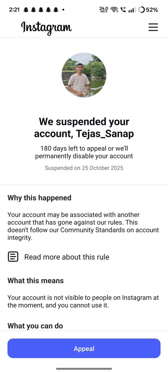 TejasSSanap's tweet image. Hey @Meta @instagram Please help! My family’s Instagram accounts got suspended without any valid reason. We didn’t do anything wrong. Kindly review and restore them. 🙏 #InstagramHelp #MetaSupport #AccountSuspended #HelpUsMeta
User id-tejas_sanap_19,sanjay.s.sanap1656