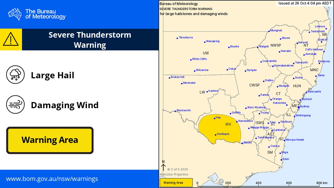 BOM_NSW's tweet photo. ⚠️⛈️ 4:04pm: Severe Thunderstorm Warning updated for large #hail and damaging #wind in the #Riverina.

Locations which may be affected include #Deniliquin, #Hay, #Narrandera, #Corowa, #Finley and #Lockhart.

Details: https://t.co/JofuXsiM9X https://t.co/ypxV9sUZHF