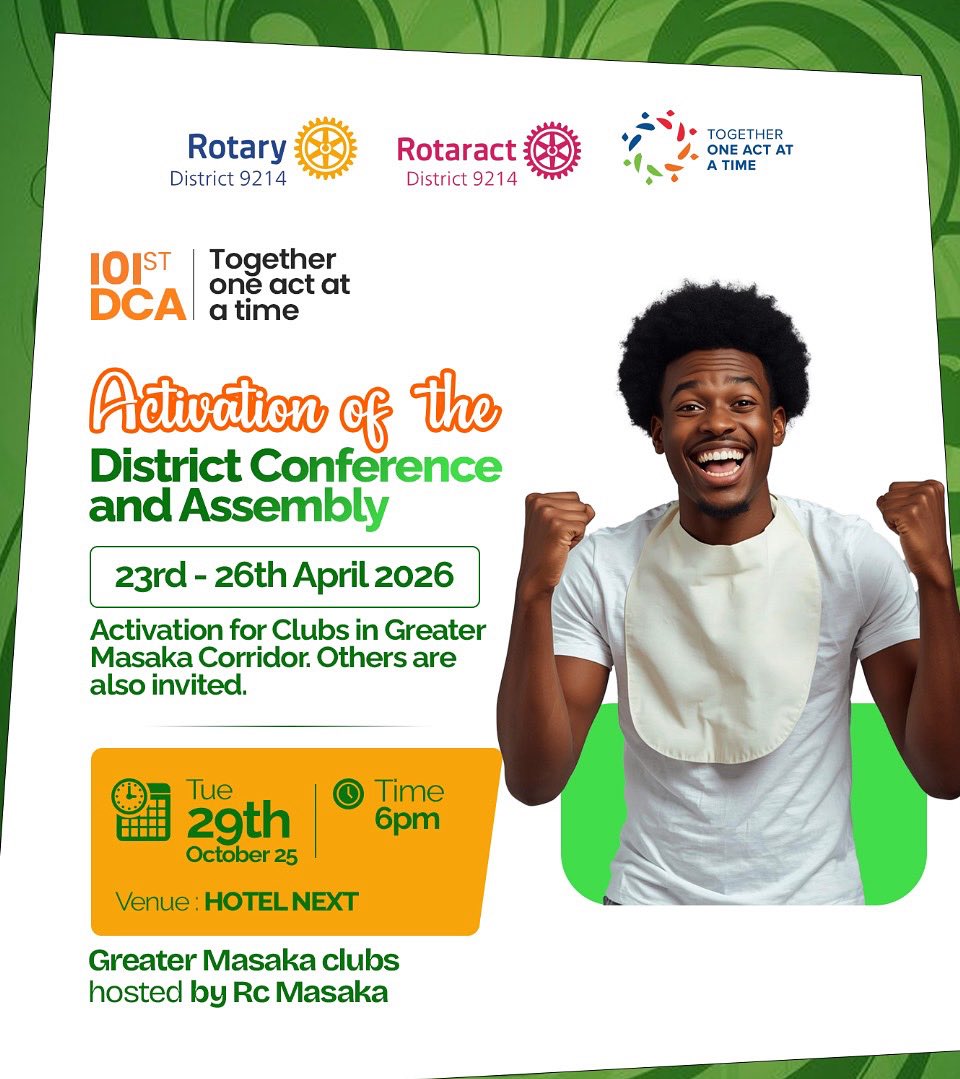 Rotary Club Of Masaka (@rcmasaka) on Twitter photo The 101st DCA activation is here, Join us as RC Masaka hosts other clubs in the greater Masaka, happening this Wednesday,29th at Hotel Next 6pm. Vibes on vibes🫡🫡
#Togetheroneactatatime The 101st DCA activation is here, Join us as RC Masaka hosts other clubs in the greater Masaka, happening this Wednesday,29th at Hotel Next 6pm. Vibes on vibes🫡🫡
#Togetheroneactatatime