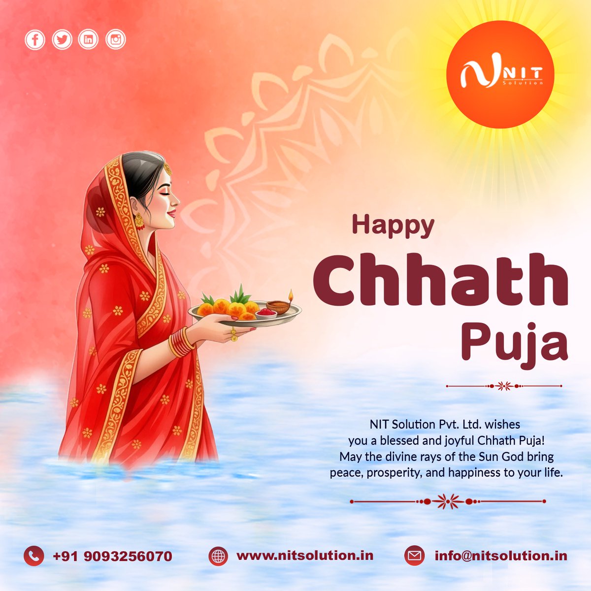 nit_solution's tweet image. Happy Chhath Puja!

Wishing everyone a blessed Chhath Puja!
May the divine energy of the Sun God bring prosperity, harmony, and positivity into your life.
Let’s celebrate this festival with gratitude and devotion. 🌞
#ChhathPuja #FestiveSpirit #BlessingsOfTheSun