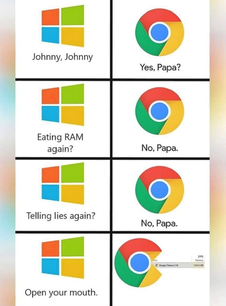 shuaibu92685472's tweet image. Me: *Opens Chrome for “just one tab”*  
Chrome: “Your RAM is now my RAM 😈”  
This is why I trust incognito, not Chrome 😅  
#DevMemes #ProgrammingHumor #GoogleChrome #JohnnyJohnnyTechVersion