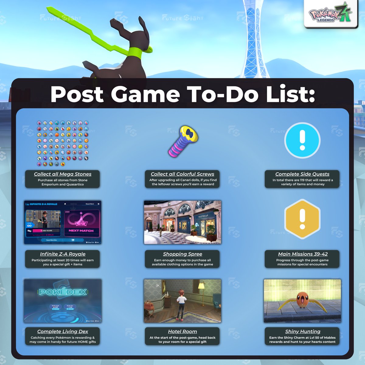 FutureSightHQ_'s tweet photo. By now, most trainers should be closing in on the post-game of #PokemonLegendZA so I made a spoiler free To-Do list that should keep you plenty busy! 💫

If you have any other recommendations, please comment below and keep it spoiler free! 🙏 https://t.co/4LU91DwucG