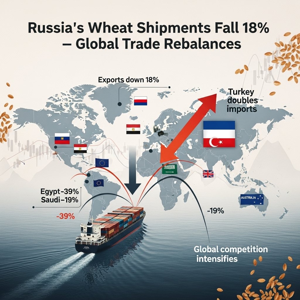 TravelandTrade1's tweet image. 🚨 Russia’s wheat shipments down 18% in Q1 MY 2025–26 (7.1 Mt vs 8.7 Mt) — weak July–Aug flows, Sept recovery.
Egypt &amp;amp; Saudi slow purchases; Turkey surges. EU/Argentina/Australia add supply — competition heats up.
🔗 travel-trade.co.in #Wheat #AgriTrade #ExportAlert