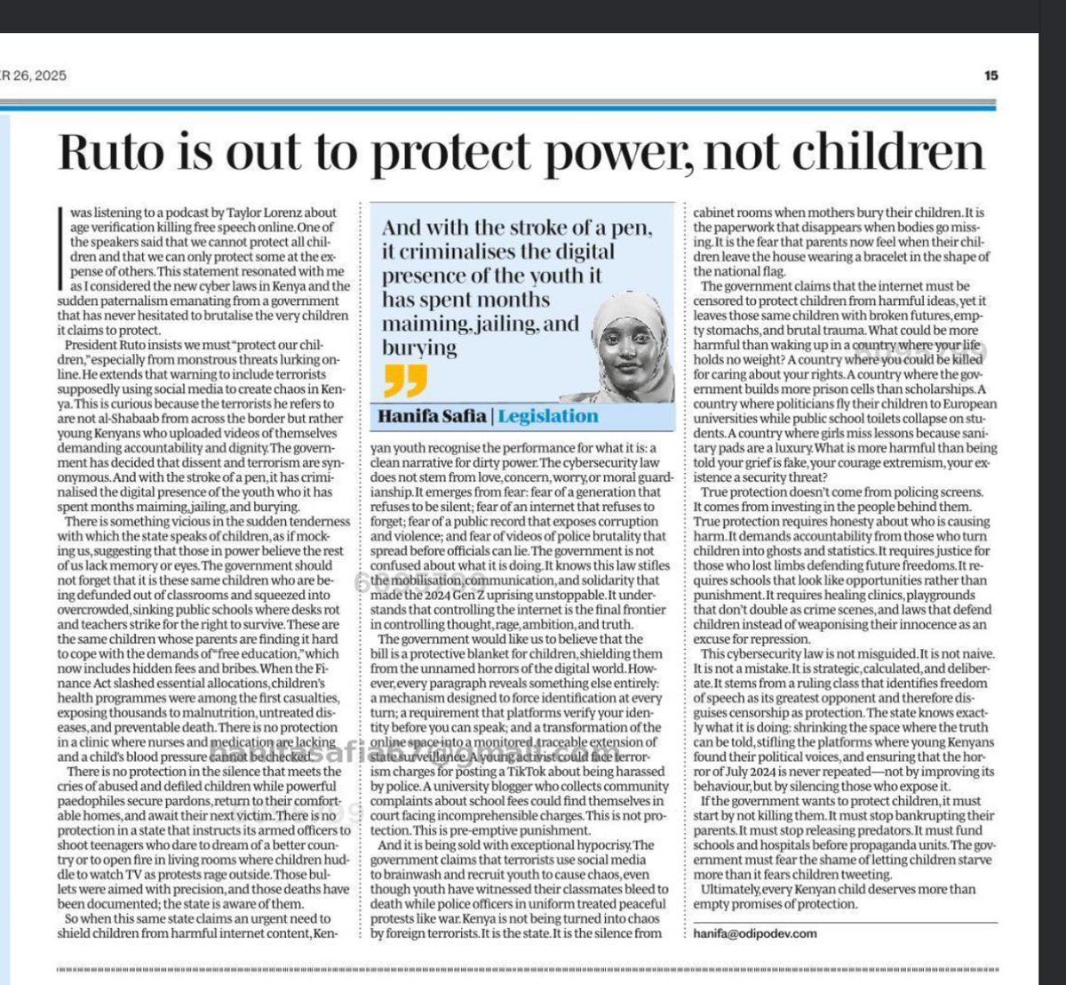 Honeyfarsafi's tweet image. Hello guys. My latest piece for @NationAfrica dives into the new cybersecurity bill ,a declaration that the state is most terrified of the children it claims to protect because those children are no longer afraid.