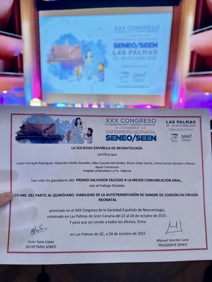 🎉 Great news! First Prize for Best Communication at #SENEo2025 about UCB autotransfusion in neonatal surgery 

🎉 ¡Gran noticia! Primer Premio a la Mejor Comunicación en #SENEo2025  sobre autotransfusión con sangre de cordón umbilical 🩸

<a href="/SENeonatologia/">seNeo</a> <a href="/IISLaFe/">IIS La Fe</a> <a href="/HospitalLaFe/">HospitalLaFe</a>