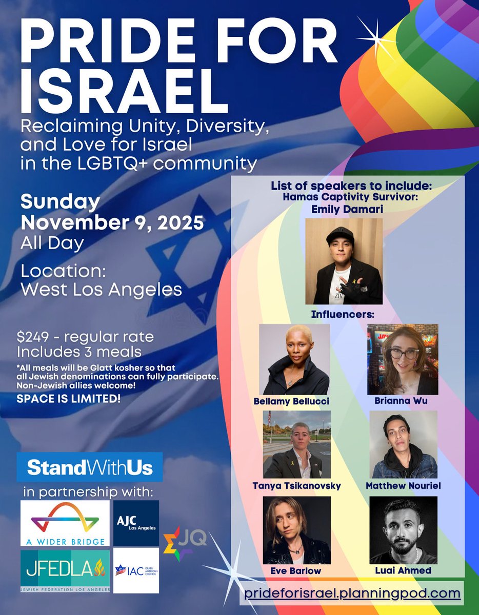 StandWithUs and partners are proud to
present Pride for Israel - reclaiming unity, diversity and love for Israel. With amazing guests including Hamas hostage survivor <a href="/EmilyDamari1/">Emily Damari</a> <a href="/JustLuai/">Luai Ahmed</a> <a href="/Eve_Barlow/">Eve Barlow</a> <a href="/BriannaWu/">Brianna Wu</a> <a href="/MatthewNouriel/">Matthew Nouriel</a> <a href="/BellamyBel29949/">Bellamy Bellucci</a> and many more reclaiming pride