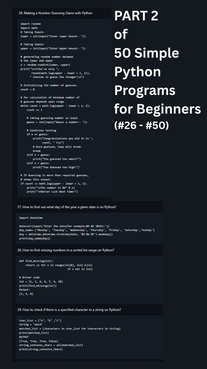 cruzangelojose3's tweet image. 50 Simple Python 🐍 Programs for Beginners (Part 2)
#pythonlearningjourney #python